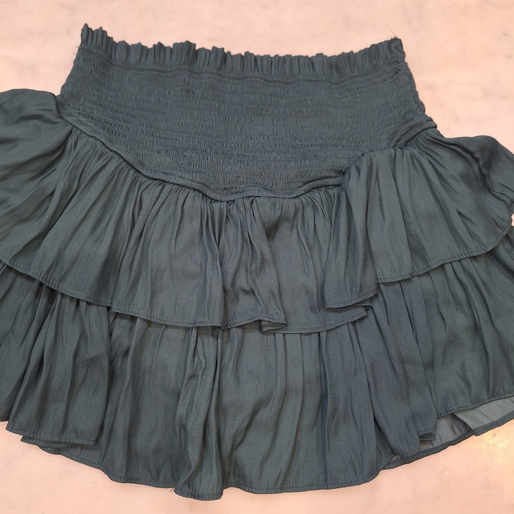 Mustard Seed Mini Skirt Women Size S Green Smocked Ruffle Tiered Skater Boho